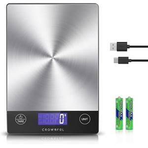 CROWNFUL Bilancia da cucina digitale, capacità di 15 kg, precisione di 1 g, funzione tara, display LCD, alimentazione USB-C o batterie AAA, spegnimento automatico, nero