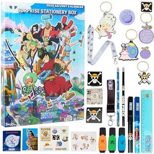 One Piece Calendario Avvento 2025 per Bambini Adolescenti con Anime Accessori, Natale Calendari Avvento con Set Cancelleria, Portachiavi, Stickers