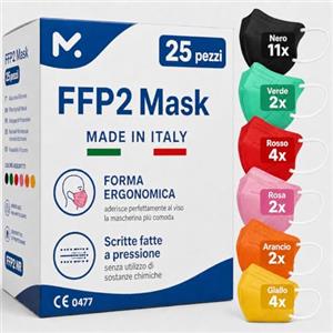 medicinadellavoro.com 25 Mascherine FFP2 Colorate mix Certificate CE 0477 Made in Italy, Mascherina Senza Valvola, Maschera Facciale Protezione da Polvere|Alta Efficienza di Filtraggio BFE≥95| 25 Pezzi