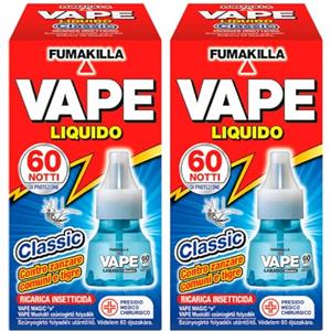 Eurocali 2x Vape Classic Ricarica Liquida per Diffusore Elettrico Repellente Antizanzara Efficace Contro Zanzare Comuni e Tigre Presidio Medico Chirurgico - 120 Notti di Protezione