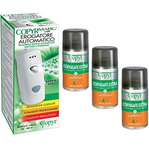 Copyr Kenyasafe Extra e Copyrmatic Combi - Insetticida Antizanzare, Mosche e Insetti Volanti, 3 Bombole 250ml + Erogatore Automatico, Piretro Insetticida Biologico e Repellente Zanzare Casa e Giardino