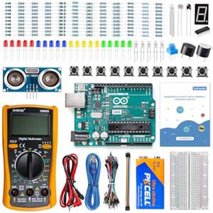 SunFounder Kit di avvio Beginner's Lab con scheda originale Arduino Uno R3 REV3 Multimetro 34 progetti Breadboard Batteria HCSR-04, conforme RoHS, per principianti e ingegneri