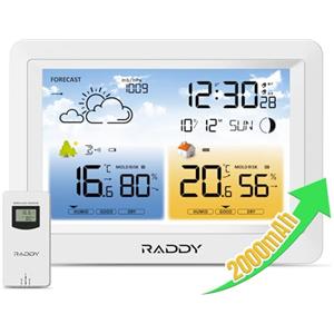 Raddy Stazione meteorologica wireless Raddy WM6 con sensore remoto, batteria integrata da 2000 mAh, barometro, orologio DCF, previsioni meteo, avviso rischio muffa, display a colori per interni ed esterni