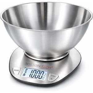 Boston Tech Bilancia Cucina Digitale con Ciotola Rimovibile in Acciaio Inox, Bilancia da Cucina 5 kg/1 g, Display LCD Retroilluminato, Funzione Tara, Batterie Incluse e Ricettario QR