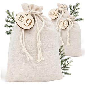 AMARI ® Calendario dell'Avvento da riempire con la stoffa - 24 Sacchetti di carta iuta (con fermagli di legno e cordoncino) da realizzare per Natale - Sacchetti di stoffa con numeri