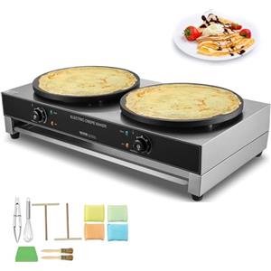 VEVOR Crepiera Elettrica, Macchina per Crepes Commerciale a Doppia Testa 406 mm, Piastra Crepes Piastra Piana 6000 W, Macchina in Acciaio Inox Antiaderente, Fornello Circolare, Senza Spina