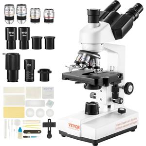 VEVOR Microscopio Ottico Trinoculare Microscopio Ingrandimento 40X-5000X Biologico Messa a Fuoco Grossolana Fine Tavolino Biologico 115x125 mm 2 Livelli, Trinoculare Composto