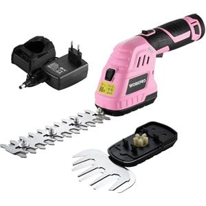 WORKPRO Tagliasiepi a Batteria 12V Rosa, 2-in-1 Forbici a Batteria con 2 lame, batteria da 2Ah e caricabatterie, tagliaerba elettrico Per diserbare, potare gli alberi, tagliare l'erba
