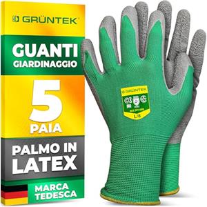 GRÜNTEK Guanti da Lavoro e Giardinaggio 5 PAIA. Guanti da Giardinaggio Rivestiti in Lattice per Uomo e Donna, Misura L9. Guanti di Sicurezza.