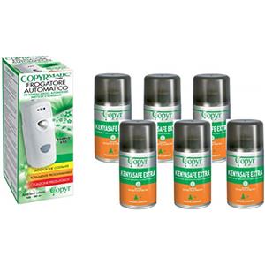 Copyr Kenyasafe Extra e Copyrmatic Combi - Insetticida Antizanzare, Mosche e Insetti Volanti, 6 Bombole 250ml + Erogatore Automatico, Piretro Insetticida Biologico e Repellente Zanzare Casa e Giardino