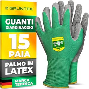 GRÜNTEK Guanti da Lavoro e Giardinaggio 15 PAIA. Guanti da Giardinaggio Rivestiti in Lattice per Uomo e Donna, Misura L9. Guanti di Sicurezza.