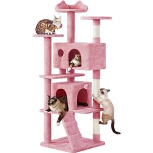 Yaheetech Albero Tiragraffi per Gatti 178 cm Torre Multilivello con 2 Casette 3 Trespoli 3 Pali in Sisal e 2 Pompon per Più Gatti Rosa