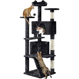 Yaheetech Albero Tiragraffi per Gatti 158 cm Torre Multilivello con 2 Casette 3 Trespoli 3 Pali in Sisal e 2 Pompon per Più Gatti Nero