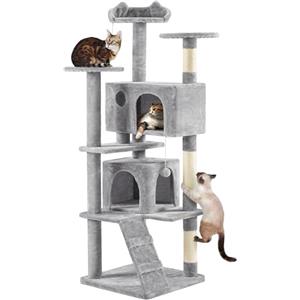 Yaheetech Albero Tiragraffi per Gatti 178 cm con 3 Posatoi 2 Palle 2 Condomini 3 Tiragraffi a Corda di Sisal Gioco Giocattolo Grigio Chiaro
