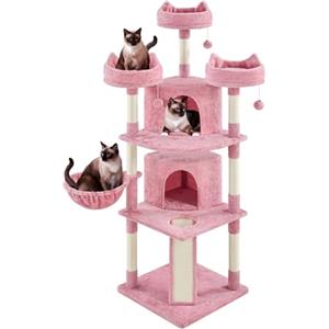 Yaheetech Albero per Gatti Alto 174 cm, Tiragraffi per Gatti Adulti con 7 Pali Graffiatoi, 3 Trespoli, 1 Cesto, 3 Pompon, 1 Scala e Design a più Livelli, Rosa