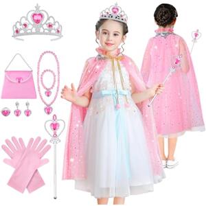 AOMIG Mantello da Principessa Bambina, 11 Pezzi Costume da Principessa, Mantello Vestito da Principessa Bambina con Corona, Bacchetta, Collana, Anello, Orecchini, Principessa Vestita per Cosplay Feste