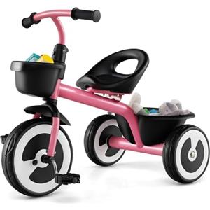 COSTWAY Triciclo per Bambini, Trike con Sede Regolabile Cestini Anteriori e Posteriori, Bicicletta a 3 Ruote con Telaio in Ferro Carbonioso di Alta Resistenza, per Bambini 1,5-5 Anni (Rosa)