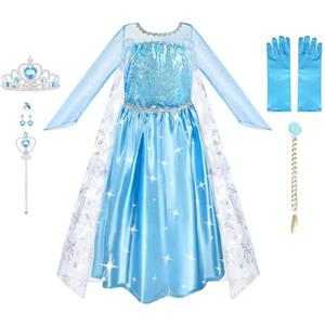 URAQT Set da Principessa, Costume da Principessa Corona Bacchetta Guanti Treccia, Princess Costume Vestiti Principesse Abito delle Ragazze per Natale Carnevale Halloween(120CM)