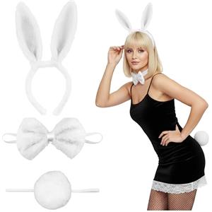 Balinco Costume da Coniglio da Donna Con Orecchie, Coda, Puschel e Papillon - Per Halloween e Carnevale - Bianco