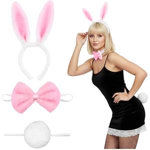 Balinco Costume da Coniglio Sexy - Orecchie e Coda di Coniglio, Papillon, per Halloween e Carnevale, Bianco Rosa
