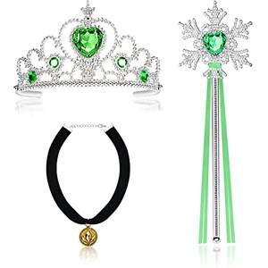 Vicloon 3PCS Nuovi Costumi da Principessa, Principessa Corona, Bastone da neve principessa, Collana di flanella nera con pendente, Principessa Partito Costume Cosplay Vestire (Verde)