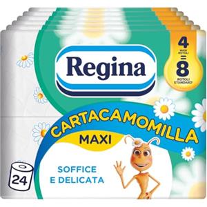Regina Cartacamomilla - 24 Rotoli di Carta Igienica, 300 Soffici Fogli a 3 Veli, Delicata e Consistente, Profumo di Camomilla, Confezione in Carta Riciclabile, 100% Certificata FSC