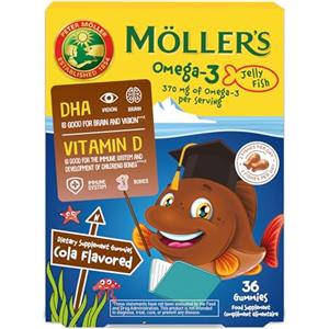 MÖLLER'S Moller's ® | Omega 3 Per Bambini | Olio di pesce omega-3 naturale | Con DHA ed EPA, Senza glutine, lattosio o zuccheri aggiunti | Facili da masticare | Gusto Cola| 36 pezzi