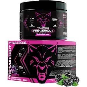 Vitastrong. Pre Workout Potente 300g, Preworkout Vegan con Vitamina B12, L Citrullina, Beta Alanina, Caffeina, Taurina, AstraGin, Vitastrong Pre Workout Made in Italy (24 Porzioni (Confezione da 1), Berries)