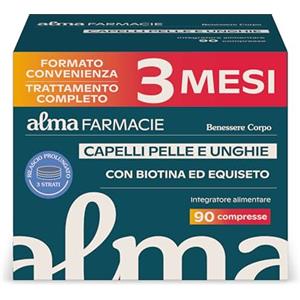 Alma Farmacie Capelli, Pelle e Unghie 90 compresse Alma Farmacie, 3 Mesi di Scorta, con Biotina, Zinco, Ginkgo Biloba, Integratore Alta Concentrazione, con 3 Strati Rilascio Prolungato