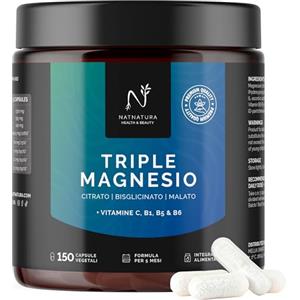 NATNATURA Magnesio Triplo: Bisglicinato + Citrato + Malato | 150 Capsule per 5 Mesi | 442 mg di Magnesio Elementare con Vitamine B1, B5, B6 e C | Funzione Muscolare, Sistema Nervoso, Energia | Natnatura