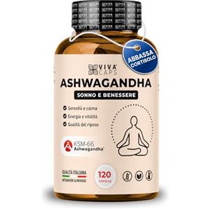 VIVACAPS Ashwagandha ksm-66 alto dosaggio 1200mg per abbassare il Cortisolo 120 Cps, Ashwagandha per stanchezza mentale e stress - Made in Italy
