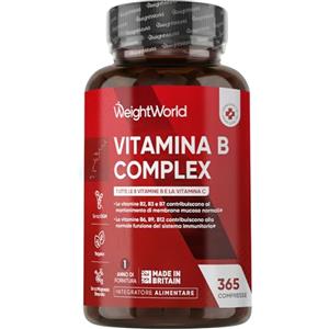 WeightWorld Vitamina B Complex, 365 Compresse Vegane, 1 al Giorno (1 Anno), con Biotina, Acido Folico, Riboflavina, Inositolo, Vitamina B12, B1, B3, B4, B5, B6 e Vit C (Acido Ascorbico), Senza Magnesio Stearato