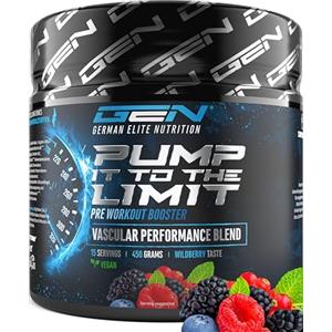 GEN GERMAN ELITE NUTRITION Pump it to the Limit - Pump Booster Senza Caffeina - Con OxyStorm®, Sabeet®, AstraGin®, Citrullina Malato e AAKG - Pre Workout Senza Stimolanti per il Massimo Pump - 450 g Wildberry