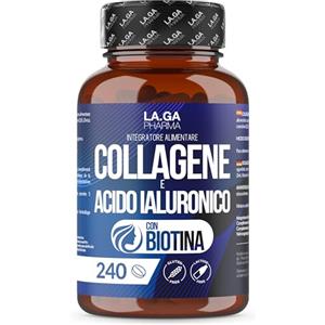LA.GA Collagene e Acido Ialuronico con BIOTINA per Capelli, Pelle, Unghie e Articolazioni. Collagene Idrolizzato 240 compresse 2000 MG con Zinco, CoQ10 e Vit. C + E per Ossa e Denti Forti. Made in Italy