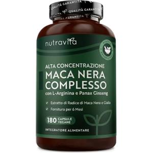 Nutravita Maca Peruviana Complesso 5000mg per capsula - Complesso di Maca Nera ad altissima resistenza con Arginina - Radice Vegana di Black Maca - 6 mesi di fornitura