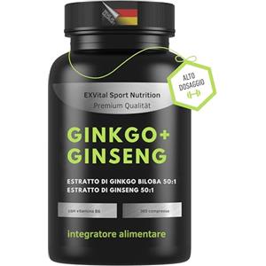 EXVital® Ginkgo + Ginseng, 365 compresse, estratti vegetali 50:1, altamente dosati, Ginkgo Biloba e Ginseng coreano, Testato in laboratorio, Vegano