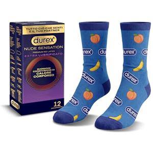 Durex Nude Sensation Extra Lubrificato, 12 Preservativi Ultra Sottili, Extra Lubrificati + Calzini Durex
