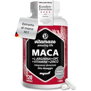 Vitamaze - amazing life Maca Peruviana + Testosterone Massa Muscolare con L Arginina, OPC Resveratrolo con Vitamina B6, Vitamina B12 + Zinco, 120 Capsule di Integratore Sessuale Uomo Vegan, Qualità Tedesca. Vitamaze®