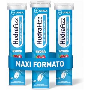 UPSA Hydrafizz Hydra, 48 Compresse Effervescenti, Integratore Alimentare con Elettroliti e Vitamina C, Gusto Fragola, Contro Stanchezza, Confezione da 3 tubi