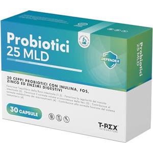 T-Rex Integratori Probiotici 25 MLD con 30 Ceppi, Inulina, FOS, Zinco ed Enzimi Digestivi | Fermenti Lattici Probiotici ad Alta Potenza per Flora Intestinale, Digestione e Sistema Immunitario | 30 Capsule | T-Rex Integ