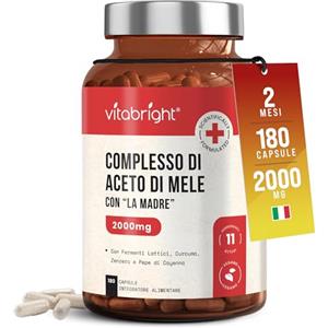 VitaBright Aceto di Mele con la Madre VitaBright | 2000 mg Per Dose | 180 Capsule (2 Mesi) | Apple Cider Vinegar Con Spezie Biologiche e 5 Ceppi di Fermenti Lattici | Integratore Alimentare Vegano