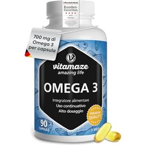 Vitamaze - amazing life Vitamaze® Omega 3 1000mg per 1 Capsula (per 3 Mesi) Alto Dosaggio, Puro Olio di Pesce con 400 mg (40%) EPA e 300 mg (30%) DHA per Capsule, FOS Certificato, Fish Oil, Qualità Tedesca.