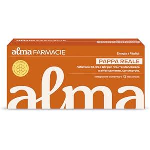 Alma Farmacie Pappa Reale Alma Farmacie, Integratore Ricostituente per ridurre Stanchezza, Supporto al Sistema Immunitario; con Vitamine B2, B5, B12, D e Acerola, Senza Glutine e Lattosio, 12 Flaconcini