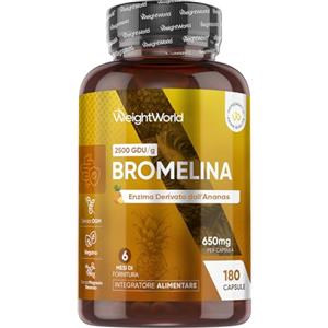 WeightWorld Bromelina Vegana, 180 Capsule (per 6 Mesi), 2500 GDU/g per Capsula, Solo 1 al Giorno, Estratta dall'Ananas, Bromelina Integratore Completamente Privo di Magnesio Stearato, Bromelain Priva di Additivi