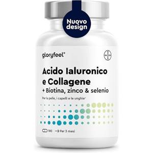 Gloryfeel Collagene e Acido Ialuronico Integratore 180 Capsule, + Vitamina C, Biotina, Zinco e Selenio, 1000mg Collagene Idrolizzato + 200mg Acido Ialuronico con Bambù & Silicio