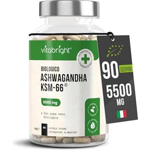 VitaBright Ashwagandha KSM-66 Capsule Bio | 5500 mg Derivato da 550 mg di Estratto Alta Concentrazione in Polvere | 3 Mesi | Ashwagandha Pura Biologica | Ginseng Indiano | VitaBright