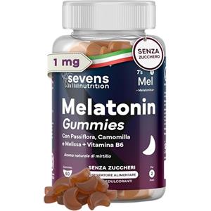 SEVENS NUTRITION Melatonina per Dormire - 1mg per Dose - 60 Caramelle per Dormire - Sonno profondo - Con Pasiflora, Camomilla, Melisa e Vitamina B6 - Melatonina Gommose Gusto Naturale di Mirtillo - Senza Zucchero