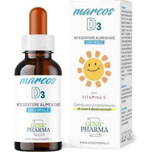 GENIC PHARMA Marcos Vitamina D Bambini Supporta la Crescita e lo Sviluppo nei bambini, Integratore pediatrico 15 ml con Vitamina D3 bambini e vitamina E in gocce, per Ossa e Denti. Vitamine per Bambini