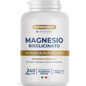 SYMBEAUTY SUPREMAGY MAGNESIO BISGLICINATO 450mg (Fornitura 4 Mesi) 240 CPR - Magnesio Completo | Vitamina B12, B1, B2, B6, C e Coenzima Q10 | Integratore Stanchezza Fisica e Mentale - Vegano e Made in Italy