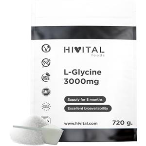 HIVITAL foods Glicina 3000 mg per dose. 720 g. per pack per 8 mesi di trattamento. Aminoacido L-Glicina pura, 100% vegana. Prodotto in Europa da HIVITAL